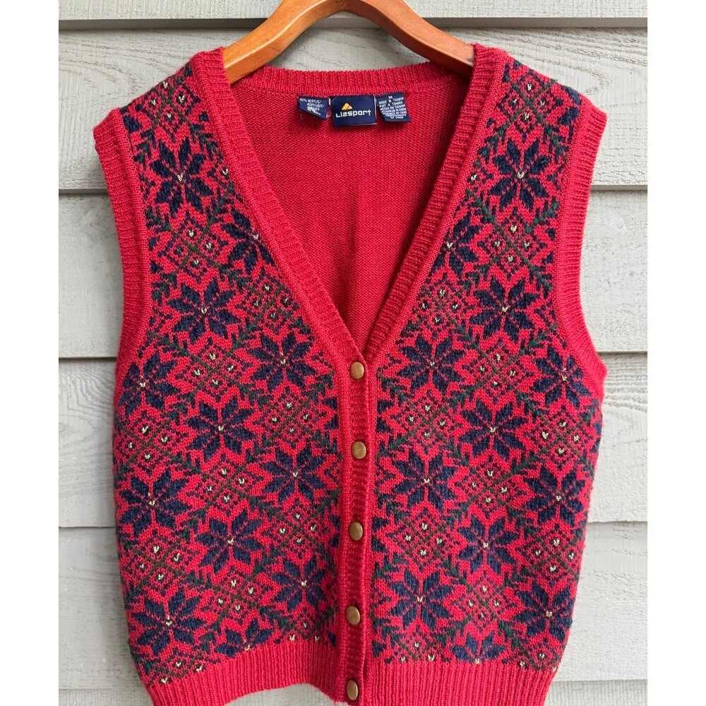 Vintage Lizsport Fair Isle Sweater Vest M Red Blue Nordic Knit Holiday Y2K